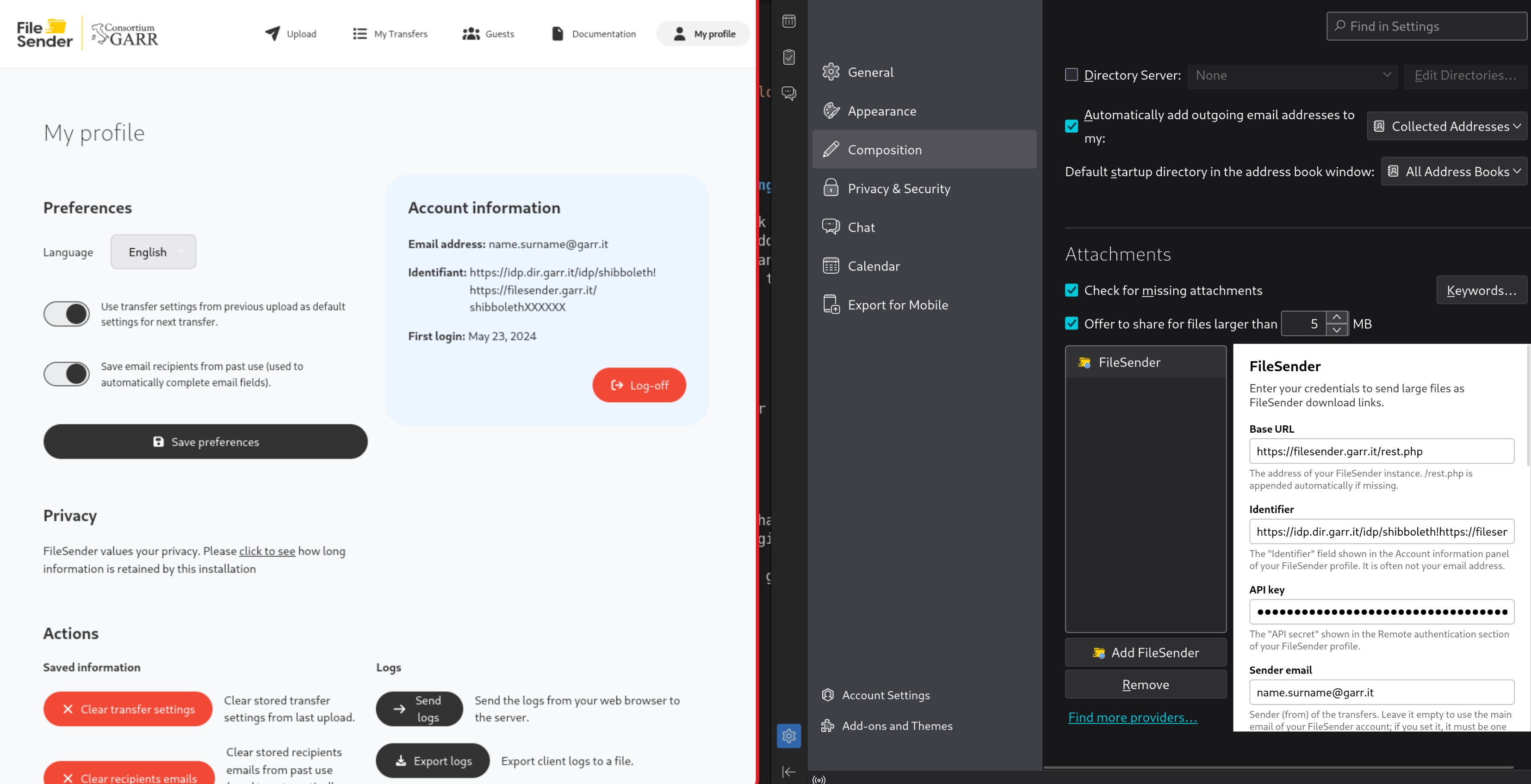 FileSender My profile page: identifier and sender email