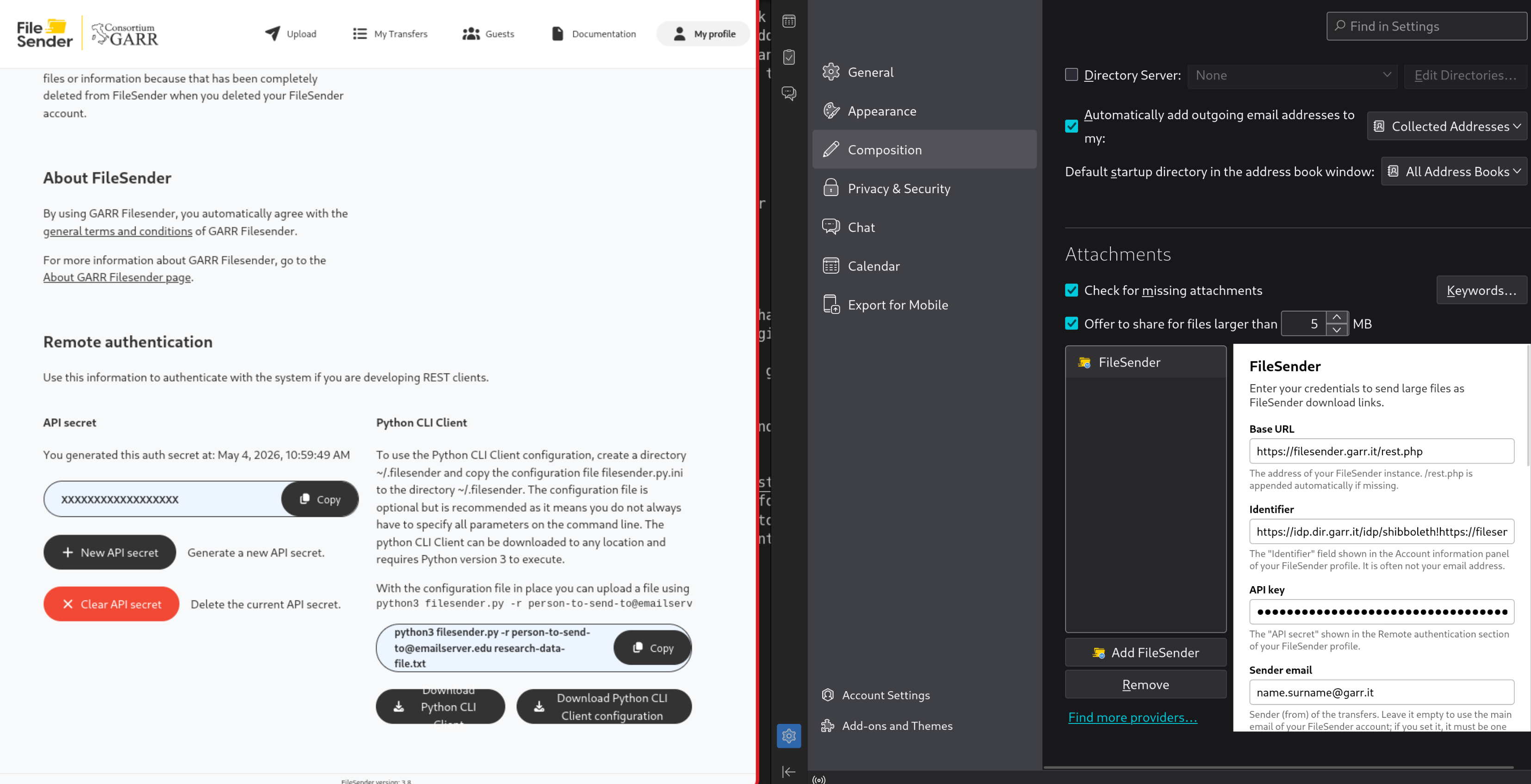FileSender My profile page: API key generation
